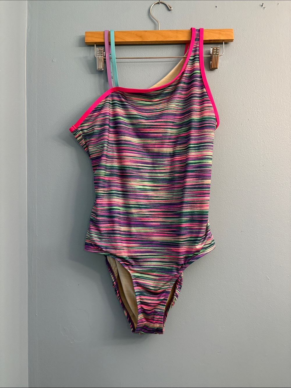 Lands' End Girls' One-Shoulder Stripe Swimsuit in Pink and Multicolor